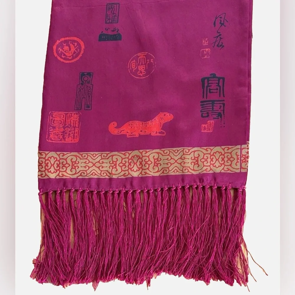 Vintage Silk Scarf Magenta Gold Asian Motif Fringe Long Wrap Shawl